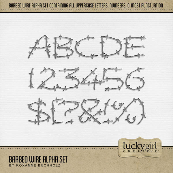 These barbed wire alphabet, number, and punctuation mark digital scrapbooking embellishments by Lucky Girl Creative digital art are easy to use for digital scrapbook page titles. Great for farm, ranch, military, and more! The alpha set consists of a full set of digital art uppercase alphabet letters A-Z, numbers 0-9, and most punctuation marks. This alpha set is available as individual embellishments only. This kit is included in the Farm Alpha Bundle.