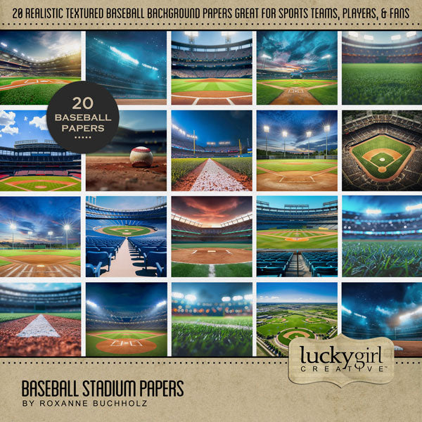 Play ball! Take me out to the ballgame with these fun baseball stadium and baseball field background papers by Lucky Girl Creative digital art for digital scrapbooking. Great for everything from little league to major league! This kit is included in the Baseball Watercolor Bundle.