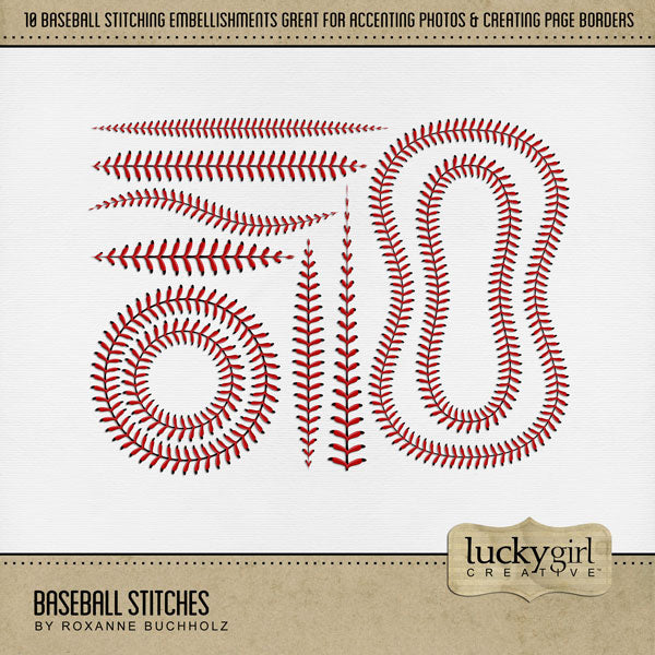 Play ball! Take me out to the ballgame with this fun baseball stitches embellishments kit by Lucky Girl Creative digital art for digital scrapbooking. Great for everything from little league to major league! Embellishments include baseball stitch frames and baseball seam borders. This kit is included in the Baseball Watercolor Bundle.