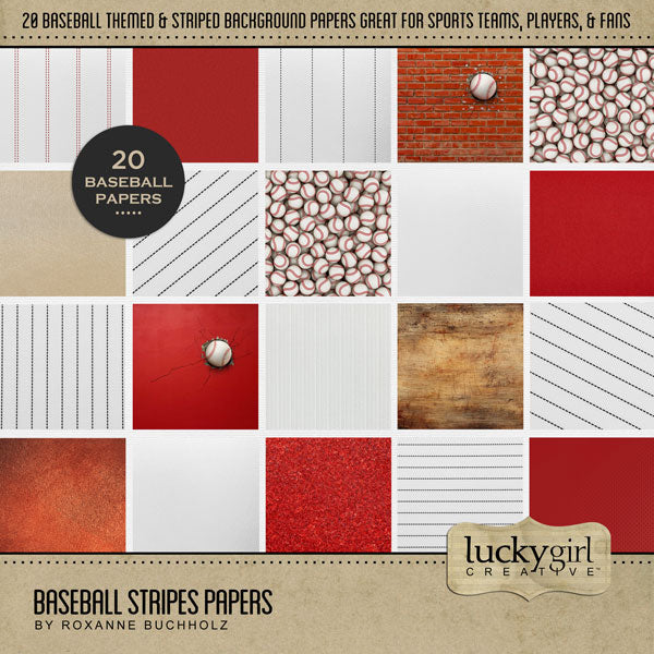 Play ball! Take me out to the ballgame with these fun baseball inspired background papers by Lucky Girl Creative digital art for digital scrapbooking. Great for everything from little league to major league! Patterns include jersey stripes, baseballs, dirt, wood, baseball leather, and more! This kit is included in the Baseball Watercolor Bundle.