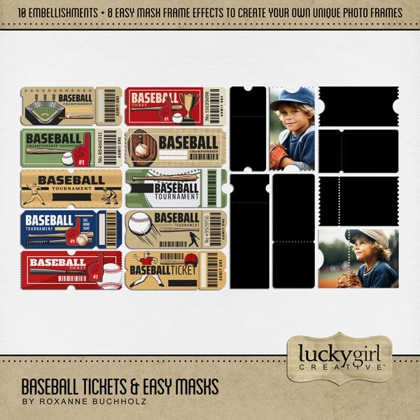 Play ball! Take me out to the ballgame with these fun baseball tickets and photo masks by Lucky Girl Creative digital art for digital scrapbooking. Great for everything from little league to major league! In Photoshop, drop the photo mask on your page, overlay with your favorite photo, and create a clipping path for a stunning result! This kit is included in the Baseball Watercolor Bundle.
