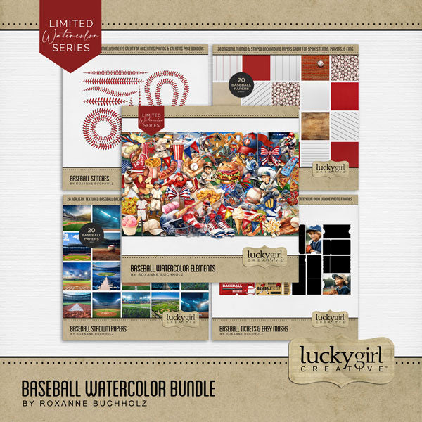 Play ball! Take me out to the ballgame with this fun, watercolor bundle filled with baseball embellishments, papers, photo masks, and baseball stitches by Lucky Girl Creative digital art for digital scrapbooking. Great for everything from little league to major league! Embellishments include American flag, banner, bunting, baseball, bench, collector case, chain link fence, blackboard, chalkboard, player, athlete, child, man, baseball cap, uniform, jersey, pants, sock, dirt, dust, drone, base, baseball