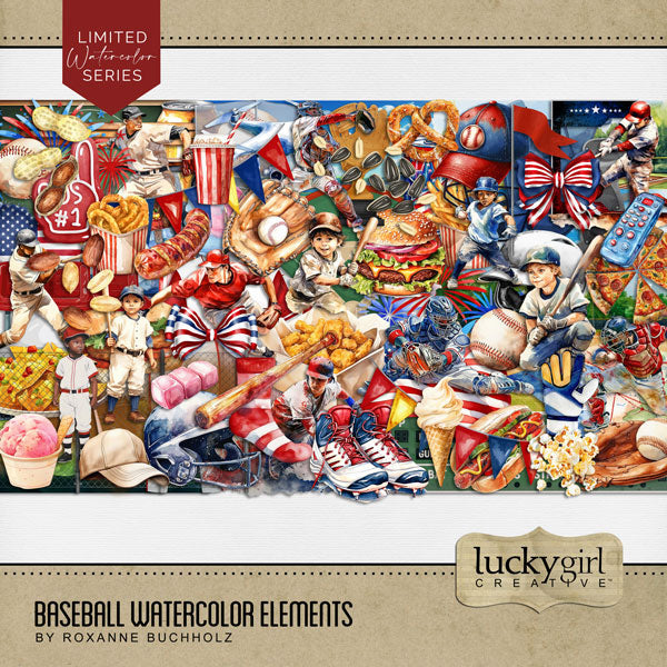 Play ball! Take me out to the ballgame with this fun, watercolor baseball embellishments only kit by Lucky Girl Creative digital art for digital scrapbooking. Great for everything from little league to major league! Embellishments include American flag, banner, bunting, baseball, bench, collector case, chain link fence, blackboard, chalkboard, player, athlete, child, man, baseball cap, uniform, jersey, pants, sock, dirt, dust, drone, base, baseball diamond, field, stadium, fireworks, fan finger, foam finger