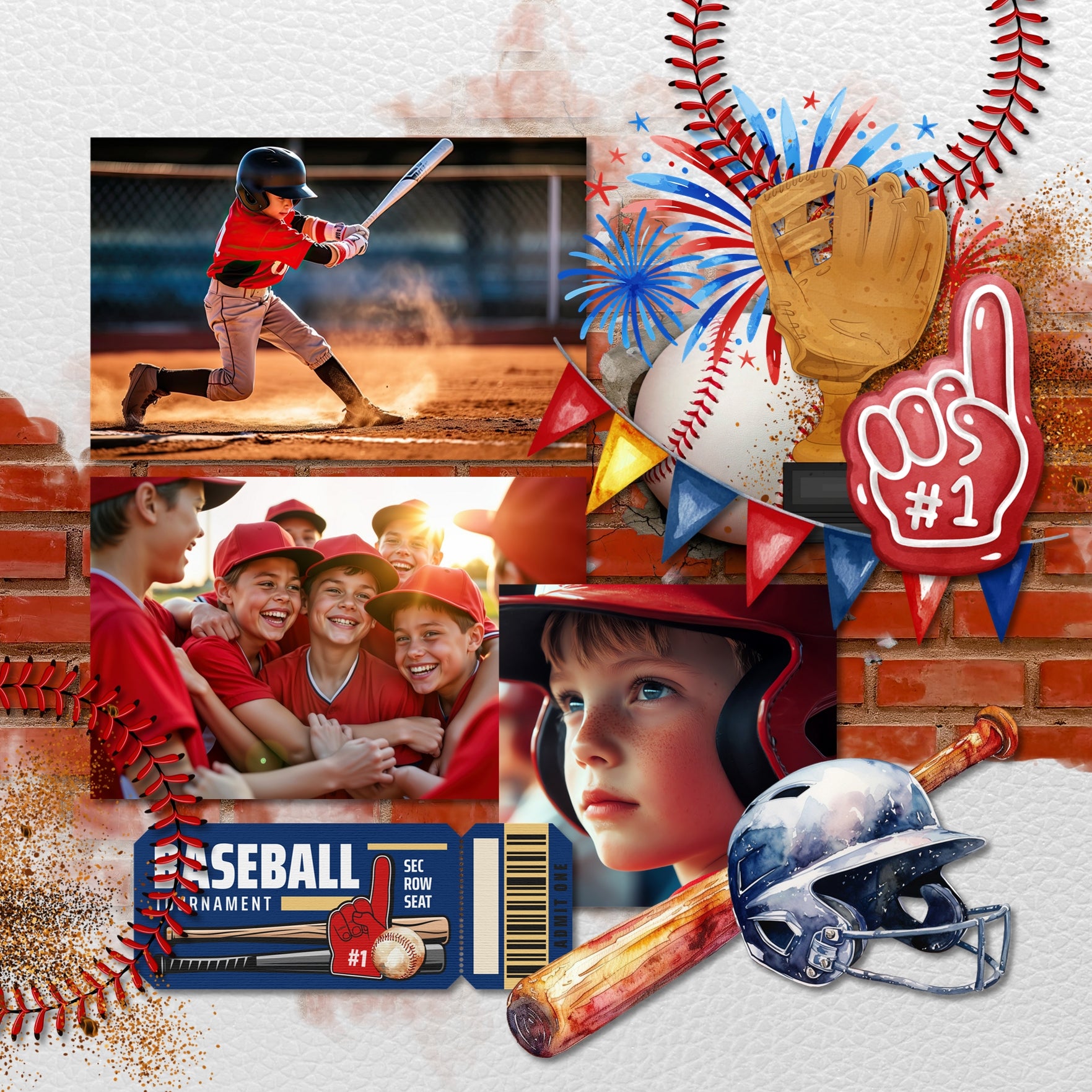 Play ball! Take me out to the ballgame with this fun, watercolor bundle filled with baseball embellishments, papers, photo masks, and baseball stitches by Lucky Girl Creative digital art for digital scrapbooking. Great for everything from little league to major league! Embellishments include American flag, banner, bunting, baseball, bench, collector case, chain link fence, blackboard, chalkboard, player, athlete, child, man, baseball cap, uniform, jersey, pants, sock, dirt, dust, drone, base, baseball