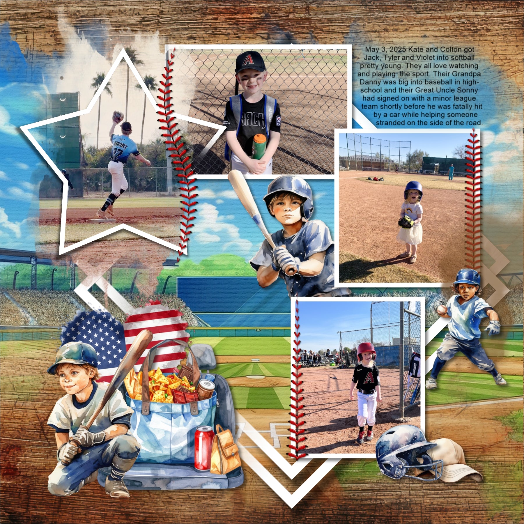 Play ball! Take me out to the ballgame with this fun, watercolor bundle filled with baseball embellishments, papers, photo masks, and baseball stitches by Lucky Girl Creative digital art for digital scrapbooking. Great for everything from little league to major league! Embellishments include American flag, banner, bunting, baseball, bench, collector case, chain link fence, blackboard, chalkboard, player, athlete, child, man, baseball cap, uniform, jersey, pants, sock, dirt, dust, drone, base, baseball