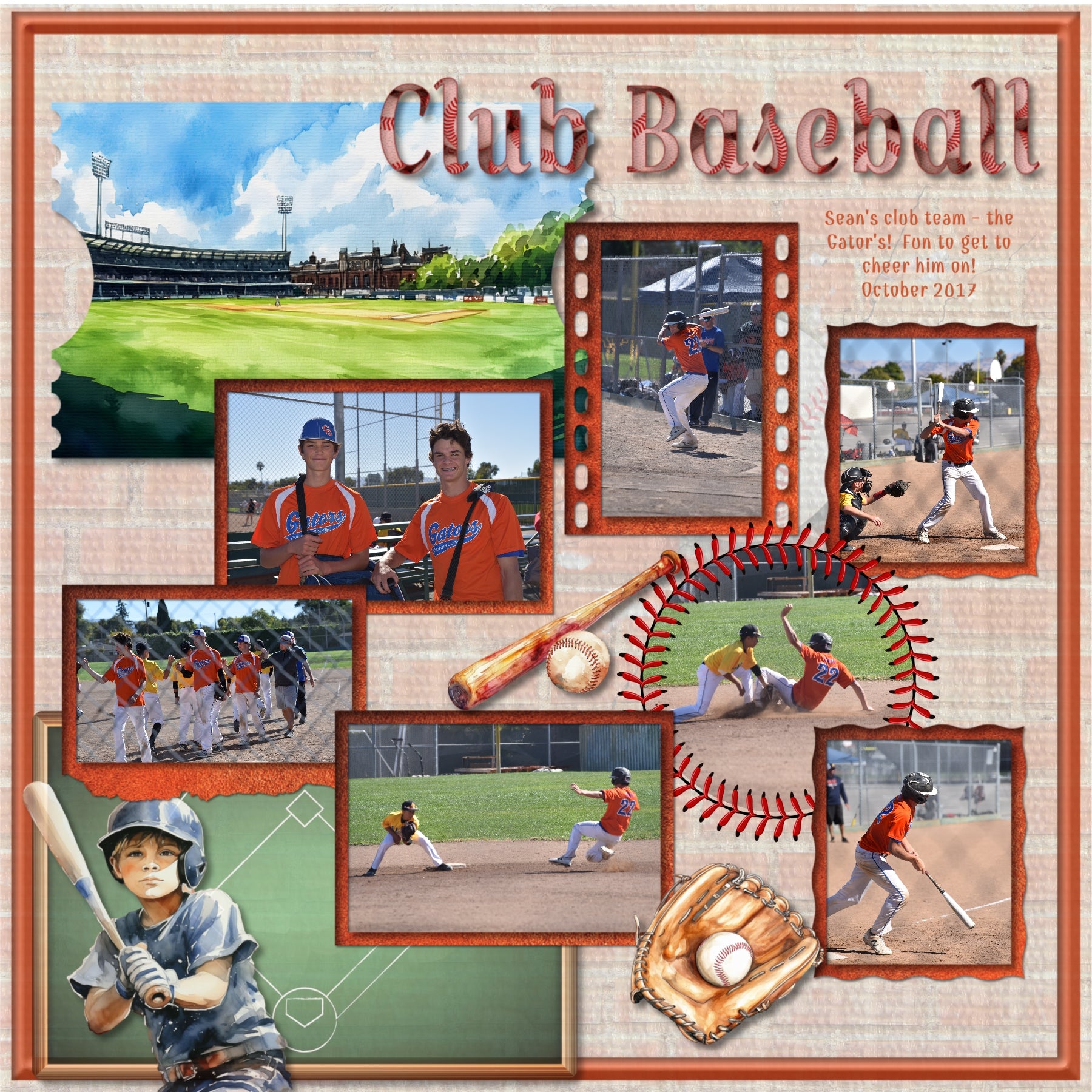 Play ball! Take me out to the ballgame with this fun, watercolor bundle filled with baseball embellishments, papers, photo masks, and baseball stitches by Lucky Girl Creative digital art for digital scrapbooking. Great for everything from little league to major league! Embellishments include American flag, banner, bunting, baseball, bench, collector case, chain link fence, blackboard, chalkboard, player, athlete, child, man, baseball cap, uniform, jersey, pants, sock, dirt, dust, drone, base, baseball