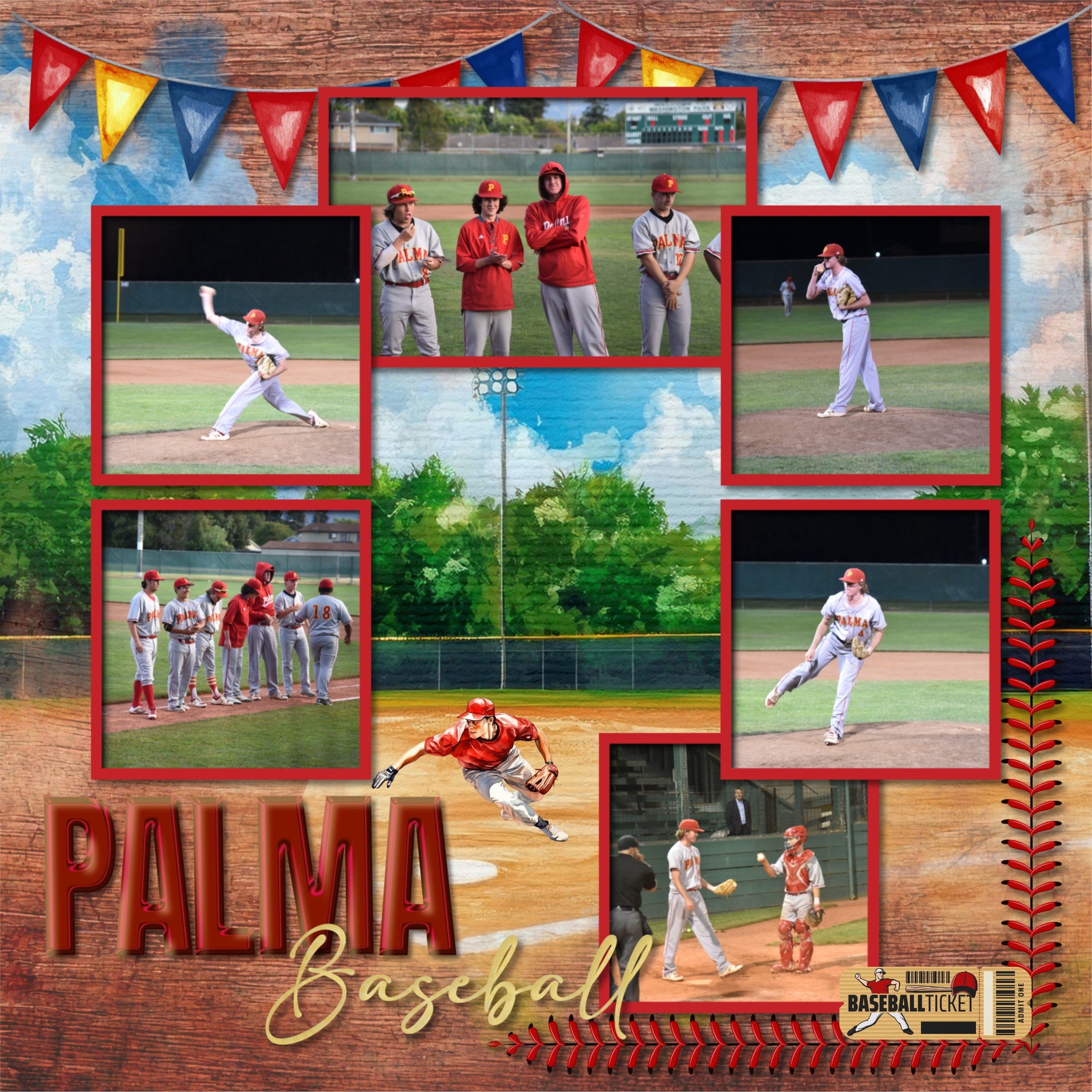 Play ball! Take me out to the ballgame with this fun, watercolor bundle filled with baseball embellishments, papers, photo masks, and baseball stitches by Lucky Girl Creative digital art for digital scrapbooking. Great for everything from little league to major league! Embellishments include American flag, banner, bunting, baseball, bench, collector case, chain link fence, blackboard, chalkboard, player, athlete, child, man, baseball cap, uniform, jersey, pants, sock, dirt, dust, drone, base, baseball