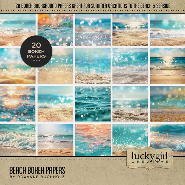 These beautiful beach bokeh papers by Lucky Girl Creative digital art for digital scrapbooking are great for vacations to the beach and ocean! This kit is included in the Paper Duo Beach Bokeh Kit.