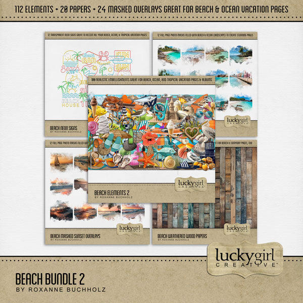 Summer beach days are here! Capture all your beach memories with this realistic bundle by Lucky Girl Creative digital art for digital scrapbooking featuring elements, weathered wood papers, neon word art, and stunning edge to edge masked overlays. Great for layering with your favorite tropical vacation photos. Embellishments include pelican, bird, sandpiper, crab, fish, mackerel, hermit crab, seal, sealion, beach bag, beach chair, and more.