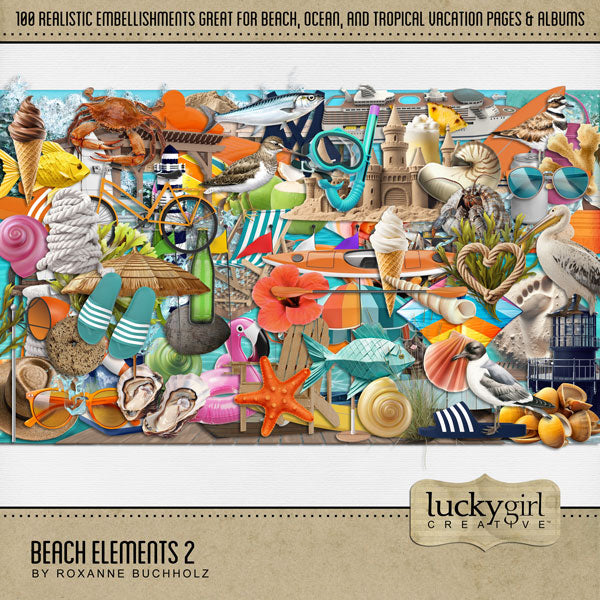 Summer beach days are here! Capture all your ocean and seaside memories with these fun and realistic beach embellishments by Lucky Girl Creative digital art for digital scrapbooking. Great for layering on top of your favorite tropical vacation photos. Embellishments include pelican, bird, sandpiper, crab, fish, mackerel, hermit crab, seal, sealion, beach bag, beach chair, beach towel, bicycle, bike, cruiser, bathing suit, and more.