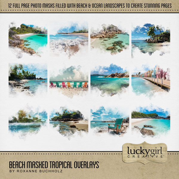 Summer beach days are here! Celebrate your ocean and seaside memories with these beautiful tropical beach masked overlays by Lucky Girl Creative digital art for digital scrapbooking! With transparent edges, these masked photographs blend seamlessly into any background paper and make the perfect backdrop for all travel and vacation pages.