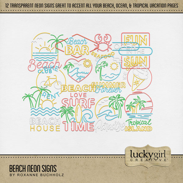 Summer beach days are here! Capture all your ocean and seaside memories with these fun neon sign embellishments by Lucky Girl Creative digital art for digital scrapbooking. Great for layering on top of your favorite tropical vacation photos. Neon sign word art includes Beach Bar, Beach Club, Beach House, Beach Love, Bike Rent, Fun in the Sun, Ice Cream, Paradise, Seafood Open, Summer Forever, Surf Time, and Tropical Island.