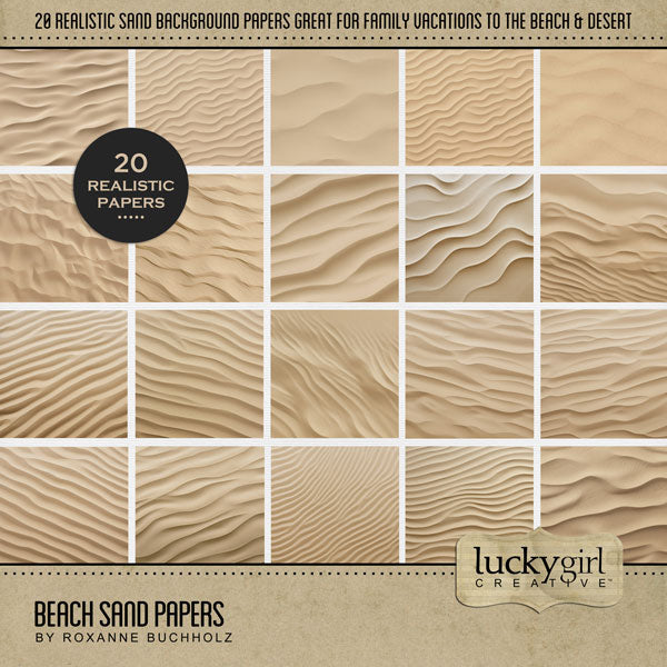 These beautiful and realistic sand papers by Lucky Girl Creative digital art for digital scrapbooking are great for vacations to the beach and ocean as well as the desert. This kit is included in the Paper Duo Beach Bokeh Kit.