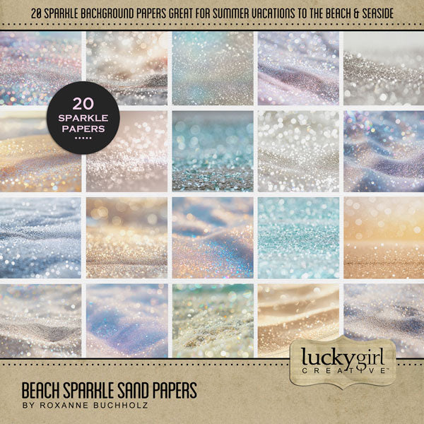 In pastel tones, these beautiful sand and sparkle bokeh papers by Lucky Girl Creative digital art for digital scrapbooking are great for vacations to the beach and ocean. This kit is included in the Paper Duo Tropical Beach Bokeh Kit.