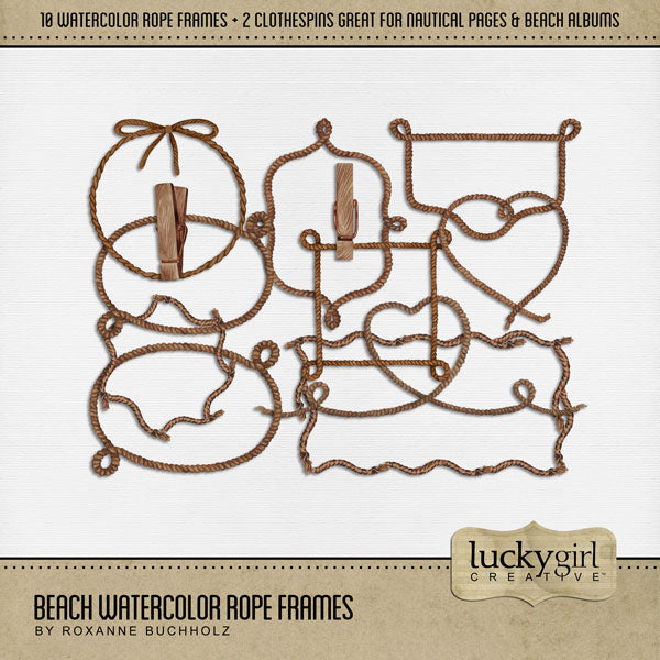 These watercolor nautical rope frame embellishments by Lucky Girl Creative digital art are perfect for highlighting beach and ocean vacations as well as western and cowboy digital scrapbooking pages. This kit is included in the Beach Watercolor Bundle.