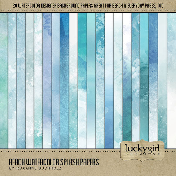 Summer beach days are here! Capture all your ocean and seaside memories with these beautiful watercolor digital background papers by Lucky Girl Creative digital art for digital scrapbooking. Great for everyday, swimming pool, and lake pages, too!
