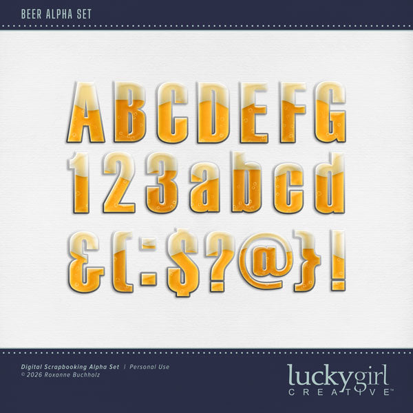 Adventure and explore through Germany with these realistic beer alphabet, number, and punctuation marks by Lucky Girl Creative digital art great for adding unique page titles to your digital scrapbooking pages. Perfect for Oktoberfest! The alpha set consists of a full set of digital art uppercase alphabet letters A-Z, lowercase alphabet letters a-z, numbers 0-9, and most punctuation marks. This alpha set is available as individual embellishments only. This kit is included in the German Adventure Bundle.