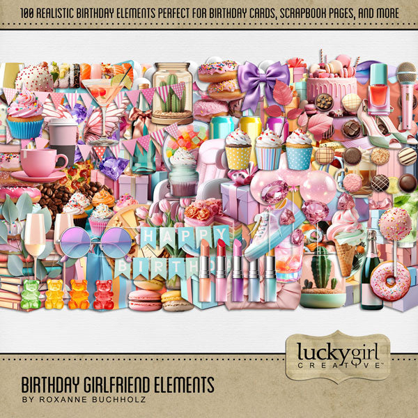 Enjoy the memories created with your girlfriends as you celebrate your birthdays together. This fun and feminine digital scrapbooking embellishments kit by Lucky Girl Creative Digital Art will help you tell your story and bring a smile to your face as you recall your favorite times together. 