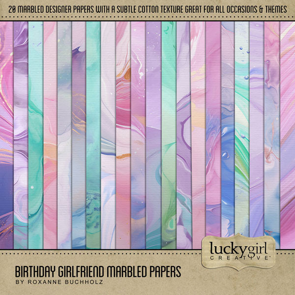 Enjoy the memories created with your girlfriends as you celebrate your birthdays together. This fun and feminine digital scrapbooking marbled papers kit by Lucky Girl Creative Digital Art will help you tell your story and bring a smile to your face as you recall your favorite times together. Papers include marbled color shades of pink, purple, blue, and green.