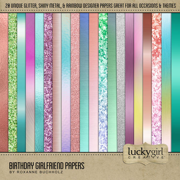 Enjoy the memories created with your girlfriends as you celebrate your birthdays together. This fun and feminine digital scrapbooking papers kit by Lucky Girl Creative Digital Art will help you tell your story and bring a smile to your face as you recall your favorite times together. Papers include color shades of pink, purple, blue, and green in textures of glitter, shiny metal, rainbow effects, and more!