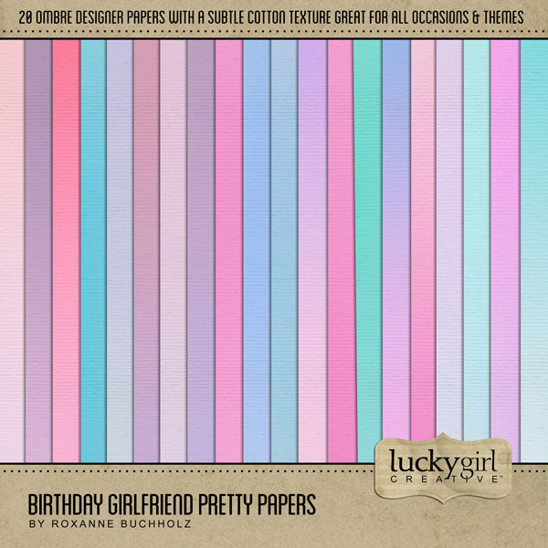 Enjoy the memories created with your girlfriends as you celebrate your birthdays together. This fun and feminine digital scrapbooking ombre papers kit by Lucky Girl Creative Digital Art will help you tell your story and bring a smile to your face as you recall your favorite times together. Papers include ombre color shades of pink, purple, blue, and green.