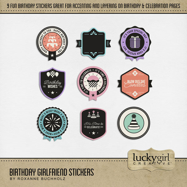 Enjoy the memories created with your girlfriends as you celebrate your birthdays together. This fun and feminine digital scrapbooking embellishments kit by Lucky Girl Creative Digital Art will help you accent your story and bring a smile to your face as you recall your favorite times together. Great for creating birthday cards and party decor, too! Digital stickers include birthday cake, birthday presents, balloons, cupcakes, and more!