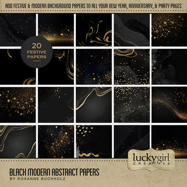 Add festive and modern digital scrapbooking background papers by Lucky Girl Creative digital art to all your New Year, anniversary, wedding, and party pages! On black backgrounds, these sophisticated papers offer a touch of gold bokeh, glitter, and marble swirls. This kit is included in the New Year Watercolor Mega Bundle.