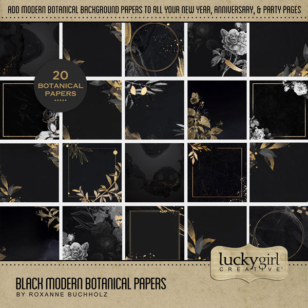 Add festive and modern botanical digital scrapbooking background papers by Lucky Girl Creative digital art to all your New Year, anniversary, wedding, and party pages! On black backgrounds, these sophisticated papers offer a touch of gold and white on the vintage floral accents. This kit is included in the New Year Watercolor Mega Bundle.