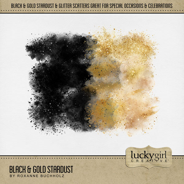 Add these sparkly stardust scatters by Lucky Girl Creative digital art to all your digital scrapbooking pages and mix-and-match them on various projects throughout the year! Great for birthday, anniversary, wedding, graduation, and more! Easy to colorize! This kit is included in the Elegant Black & Gold Bundle.