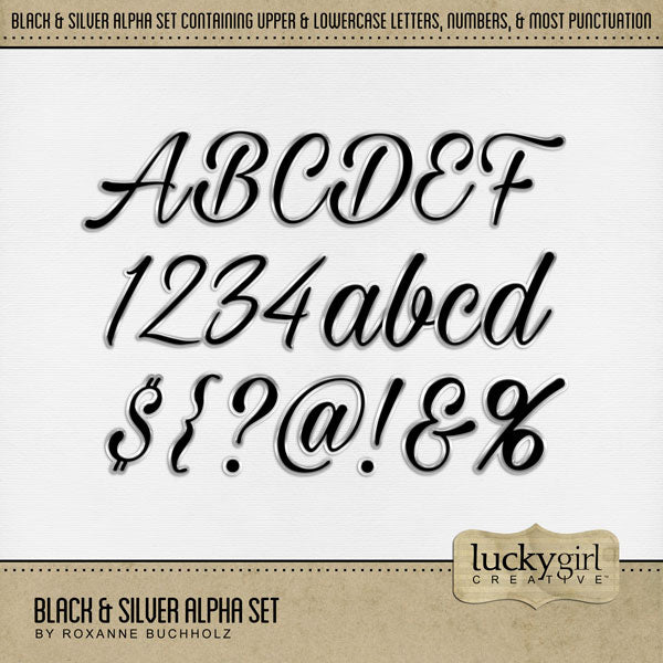 These black and silver script alphabet and number digital scrapbooking embellishments by Lucky Girl Creative digital art are easy to use for everyday digital scrapbook page titles and special occasions such as New Year, wedding, graduation, birthday, anniversary, and other black tie events. The Black & Silver Alpha Set consists of a full set of digital art uppercase alphabet letters A-Z, lowercase alphabet letters a-z, numbers 0-9, and most punctuation marks. 