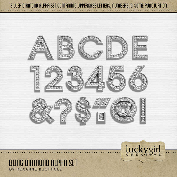 Sparkle and shine with timeless diamond digital art alphabet letters, numbers, and punctuation by Lucky Girl Creative great for adding bling to scrapbooking titles on pages and in scrapbook albums. Great for marriage proposals, wedding, anniversary, and birthday, too! The Bling Diamond Alpha Set consists of a full set of digital art uppercase letters A-Z, numbers 0-9, and some punctuation marks. This alpha set is available as individual embellishments only. 