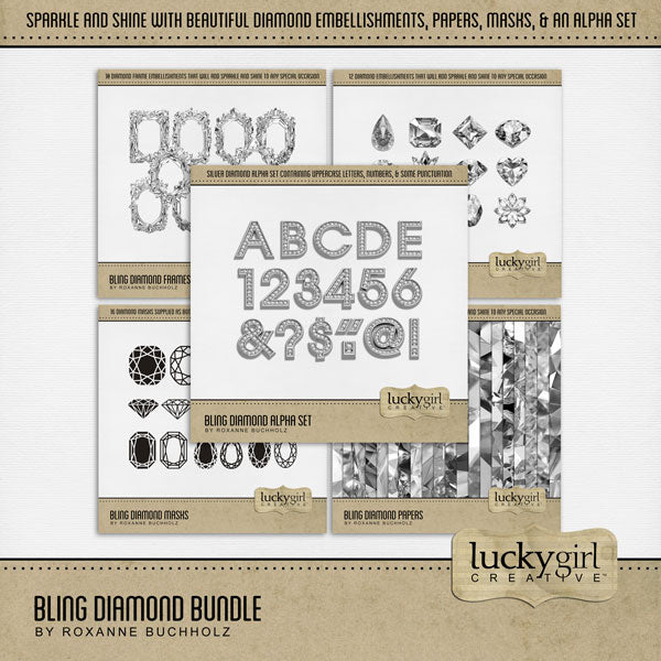 Sparkle and shine with diamond and cut gem digital scrapbooking embellishments, papers, frames, photo masks, and an alpha set by Lucky Girl Creative Digital Art. Add a bit of bling and style to your digital scrapbook pages and albums. Great for marriage proposals, wedding, anniversary, and birthday, too!