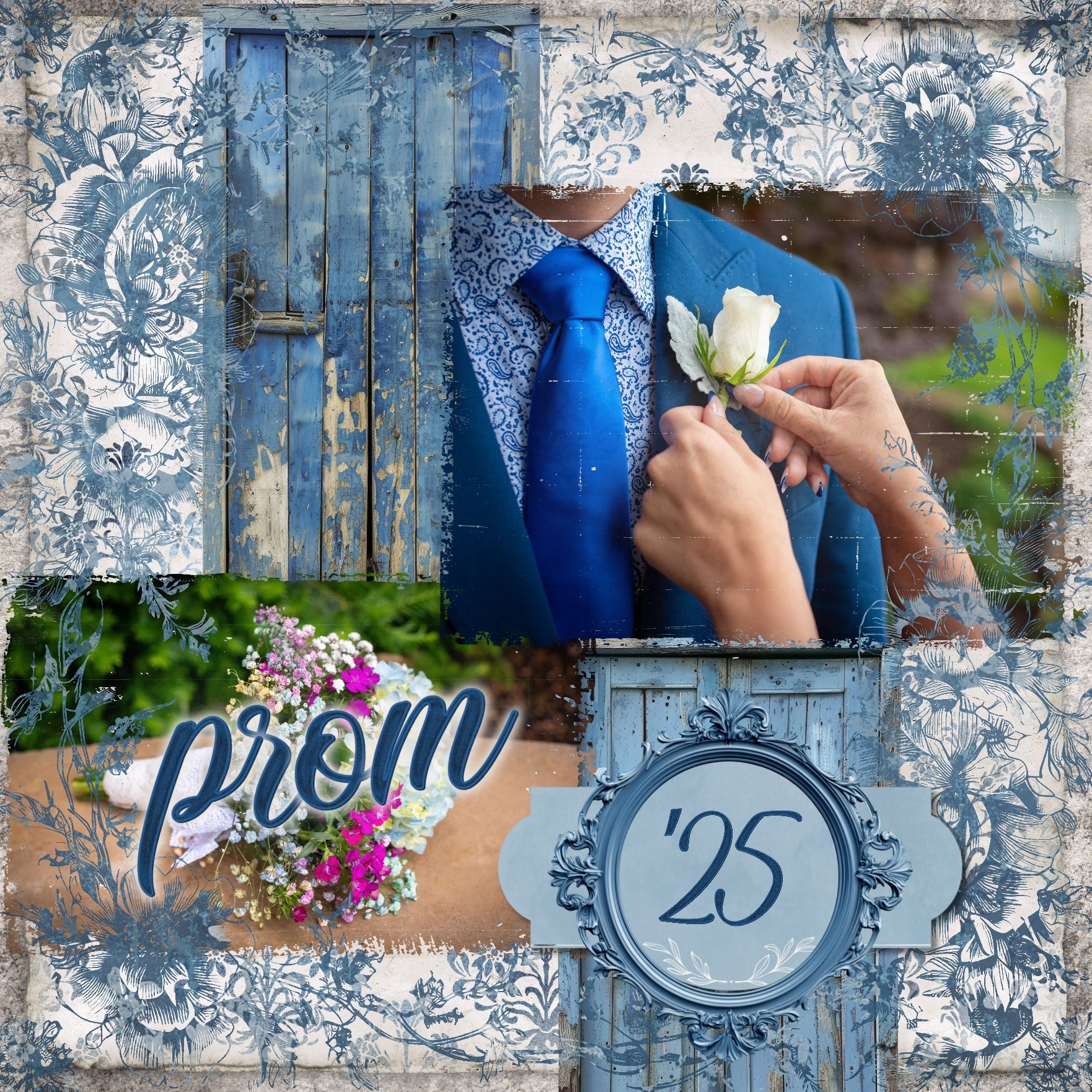 Love distressed romantic floral backgrounds? Now you can create your own with these Easy Mask Frame Effects and Overlay Embellishments by Lucky Girl Creative digital art for digital scrapbooking. Perfect for weddings, prom, classical music concerts, vintage, heritage, and family history pages. With 18 unique grunge floral textures, these romantic designs can be used as is, filled with paper, colorized, or used as Blend effects. Now you can design your own backgrounds! 