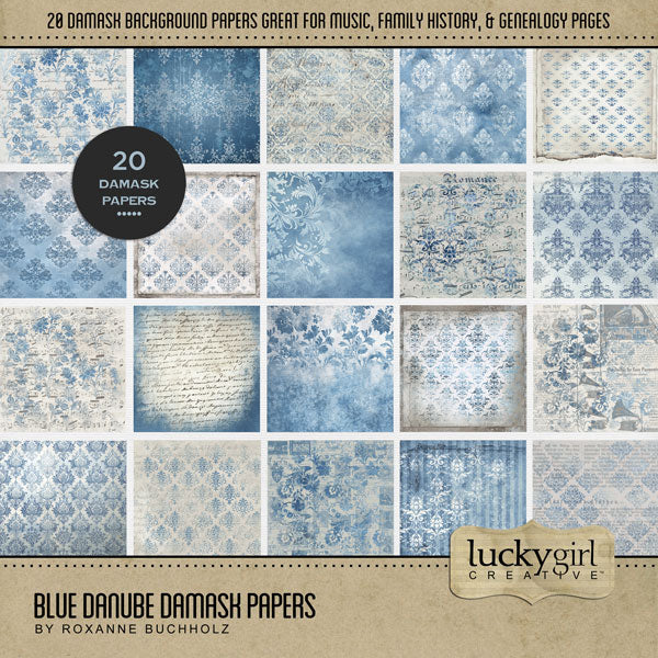 Accent your scrapbooking pages with these beautiful blue damask and music background papers by Lucky Girl Creative digital art. Great for music concerts and weddings! This kit is included in the Blue Danube Bundle.