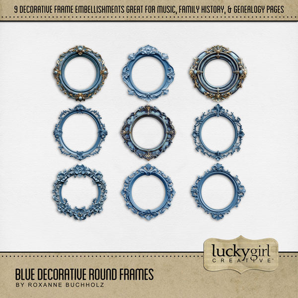 Accent your scrapbooking pages with these beautiful blue decorative frames by Lucky Girl Creative digital art. Great for modern and vintage pages of home, travel, and even wedding. This kit is included in the Blue Danube Bundle.
