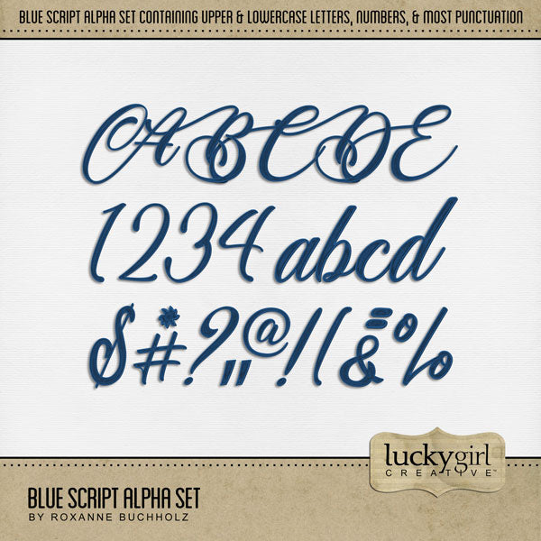 These beautiful script alphabet and number digital scrapbooking embellishments by Lucky Girl Creative digital art are easy to use for everyday digital scrapbook page titles. Use for Wedding, Anniversary, music concerts, and other special occasions. The Blue Script Alpha Set consists of a full set of digital art uppercase alphabet letters A-Z, lowercase alphabet letters a-z, numbers 0-9, and most punctuation marks. This alpha set is available as individual embellishments only. 