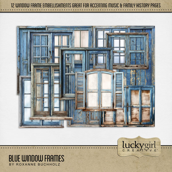 Accent your scrapbooking pages with these beautiful blue window frames by Lucky Girl Creative digital art. Great for modern and vintage pages of home or travel. This kit is included in the Blue Danube Bundle.
