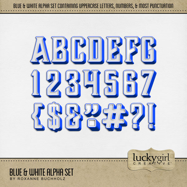 These sweet blue and white alphabet and number digital scrapbooking embellishments by Lucky Girl Creative digital art are easy to use for everyday digital scrapbook page titles and special occasions such as Thanksgiving, fall, autumn, and Independence Day. The Blue & White Alpha Set consists of a full set of digital art uppercase alphabet letters A-Z, numbers 0-9, and most punctuation marks. This alpha set is available as individual embellishments only. This kit is included in the American Sweet Shop Bundle