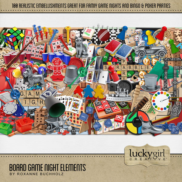 Nothing could be more fun than a family game night! Filled with realistic game board embellishments by Lucky Girl Creative digital art, you'll create memorable digital scrapbooking pages to tell your story. Embellishments include air hockey table, arcade game, backgammon, beer pong, bingo, Scrabble, checkers, chess, chess timer, Chinese Checkers, Connect 4, cornhole, cribbage, croquet, dartboard, darts, dice, Yahtzee, dominoes, educational game, foosball, game piece, Candyland, Meeple, Monopoly, Jenga