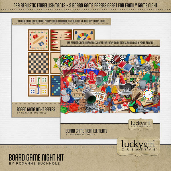 Nothing could be more fun than a family game night! Filled with realistic embellishments and board game background papers by Lucky Girl Creative digital art, you'll create memorable digital scrapbooking pages to tell your story. Embellishments include air hockey table, arcade game, backgammon, beer pong, bingo, Scrabble, checkers, chess, chess timer, Chinese Checkers, Connect 4, cornhole, cribbage, croquet, dartboard, darts, dice, Yahtzee, dominoes, educational game, foosball, game piece, Candyland, Meeple
