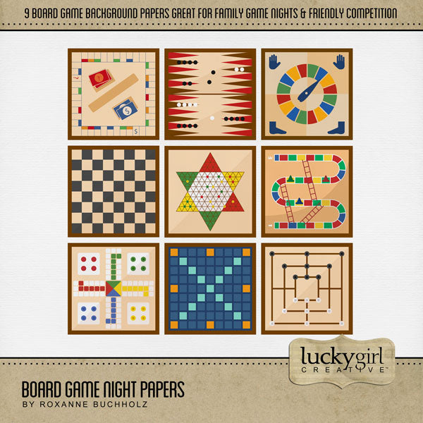 Nothing could be more fun than a family game night! Filled with game board background papers by Lucky Girl Creative digital art, you'll create memorable digital scrapbooking pages to tell your story. Board games include Backgammon, Chess, Checkers, Chinese Checkers, Monopoly, Chutes and Ladders, Ludo, Morris Board, Scrabble, and Twister. This kit is included in the Board Game Night Kit.