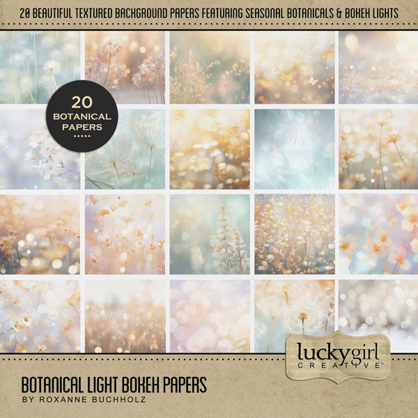 Add beautiful bokeh and botanical backgrounds by Lucky Girl Creative digital art for digital scrapbooking to any theme or occasion page for that magical touch of sparkle and glow. This kit is included in the Botanical Bokeh Papers Bundle.