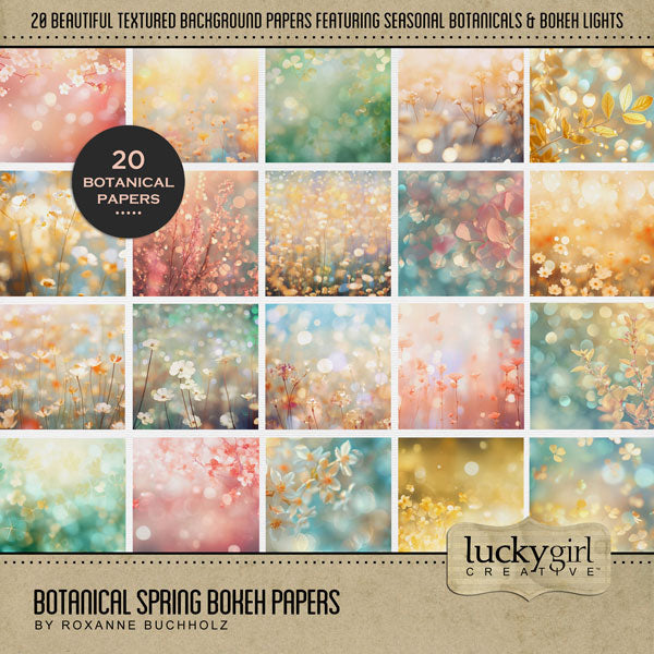 Add beautiful bokeh and botanical backgrounds by Lucky Girl Creative digital art for digital scrapbooking to any theme or occasion page for that magical touch of sparkle and glow to highlight the spring season. This kit is included in the Botanical Bokeh Papers Bundle.