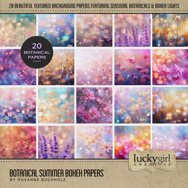 Add beautiful bokeh and botanical backgrounds by Lucky Girl Creative digital art for digital scrapbooking to any theme or occasion page for that magical touch of sparkle and glow to highlight the summer season. This kit is included in the Botanical Bokeh Papers Bundle.
