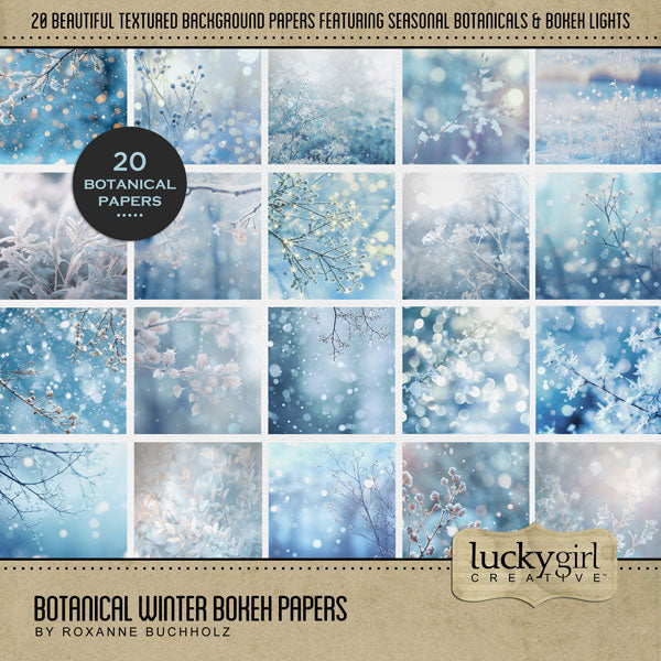 Add beautiful bokeh and botanical backgrounds by Lucky Girl Creative digital art for digital scrapbooking to any theme or occasion page for that magical touch of sparkle and glow to highlight the winter season. This kit is included in the Botanical Bokeh Papers Bundle.