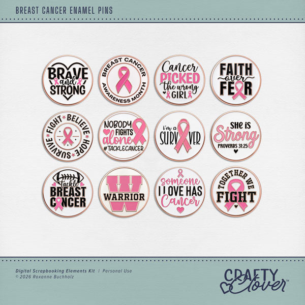Honor those that have been through, or are going through, the breast cancer journey with these heartfelt enamel pins by Crafty Clover digital art for digital scrapbooking. While some experiences can be difficult to scrapbook, preserving the memories of a challenging journey can be just as meaningful as celebrating the joyful moments. These enamel pin embellishments offer a thoughtful way to honor strength, courage, hope, and resilience while documenting an important chapter of life. 