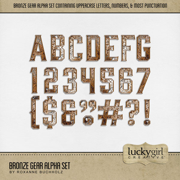 These bronze gear alphabet and number digital scrapbooking embellishments by Lucky Girl Creative digital art are easy to use for everyday digital scrapbook page titles and inspired by the Steampunk movement. Use for documenting punk rock, cosplay or steampunk conventions, or anyone who loves building gadgets, tinkering in the garage, visits to the museum, and steam punk contraptions.