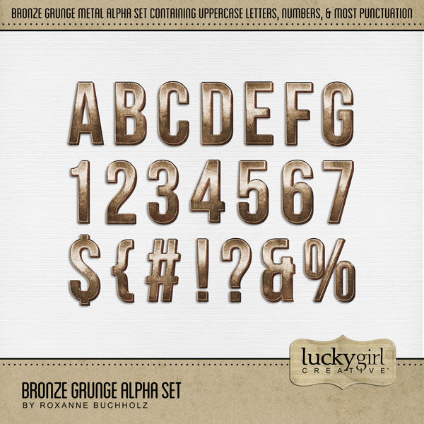 Accent your seasonal fall and autumn projects with these digital scrapbooking alphabet letters, numbers, and punctuation by Lucky Girl Creative digital art. Create unique page titles for any theme or occasion. The Bronze Grunge Alpha Set consists of a full set of digital art uppercase letters A-Z, numbers 0-9, and most punctuation. This alpha set is available as individual embellishments only. This kit is included in the Autumn Watercolor Bundle.