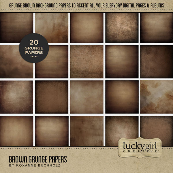 Accent your autumn greeting cards and traditional seasonal pages with these brown textured and grunge papers by Lucky Girl Creative digital art for digital scrapbooking. Great for Thanksgiving, fall, autumn, hay rides, pumpkin patch, fall festivals, and more! This kit is included in the Autumn Season Papers Bundle.