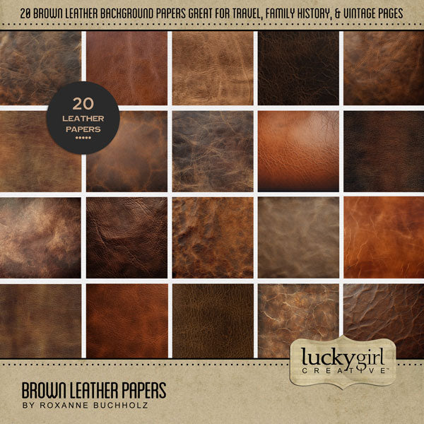 Accent your vintage family history and genealogy pages with these beautiful brown leather papers by Lucky Girl Creative digital art for digital scrapbooking. Perfect for historical sites, the library, and masculine pages, too! This kit is included in the Vintage Book Covers Bundle.